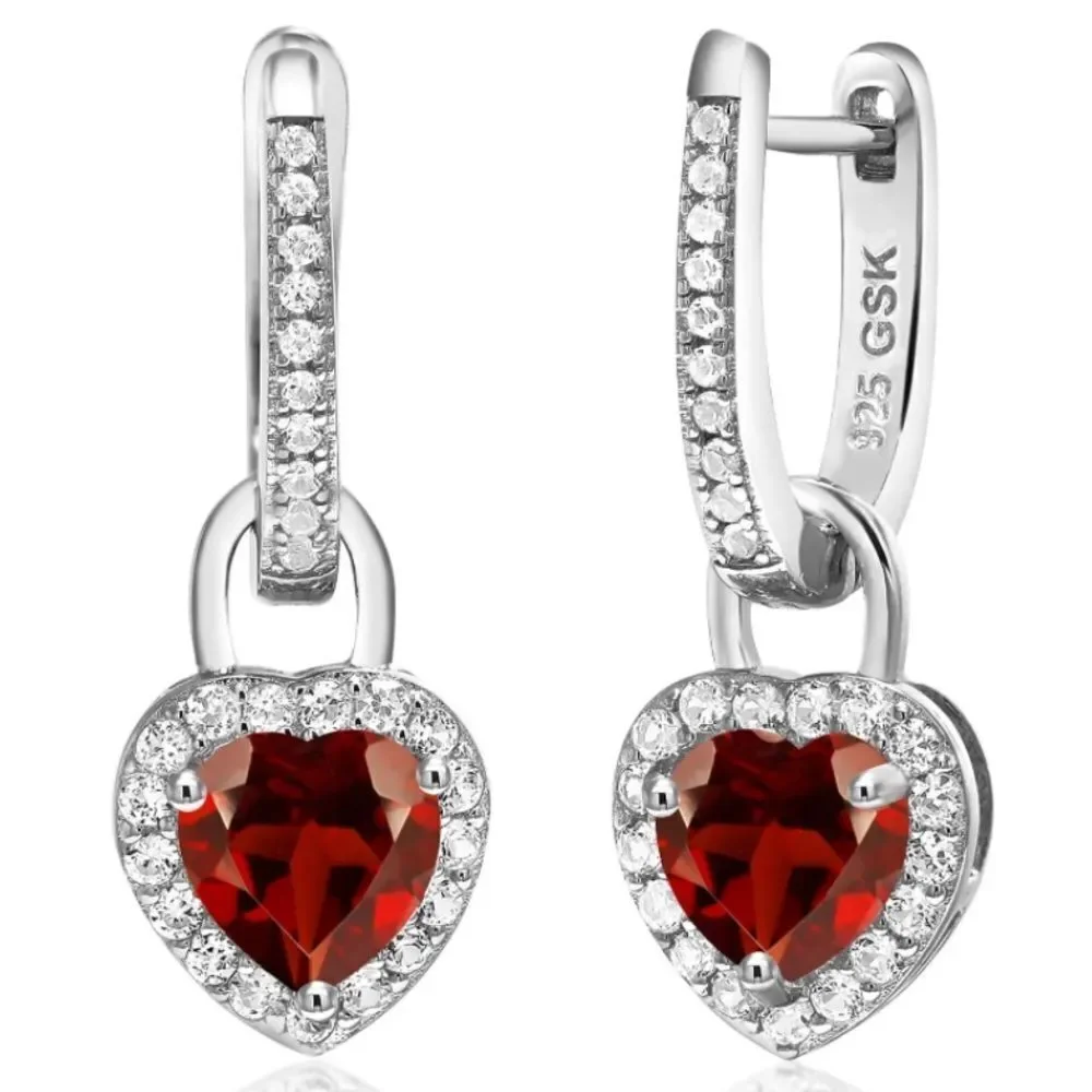 925 Sterling Silver with 2.30 Cttw Garnet and White Sapphire Heart Drop Earrings